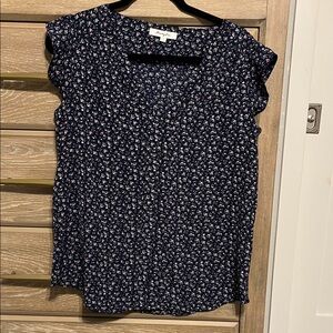 Monday Fun Navy Floral Blouse with Purple/White Flowers Size M